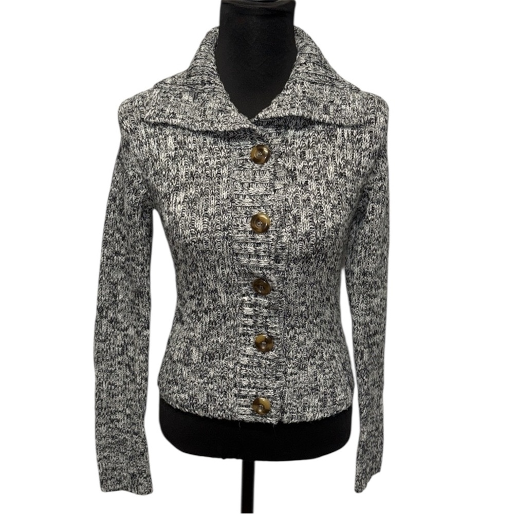 Energe Juniors M Black White Marled Button Front Mock Neck Sweater
